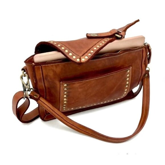 Emily Studded Shoulder Bag Cognac Leather Adjustable Straps & Brass Detailing - Picture 3 of 4